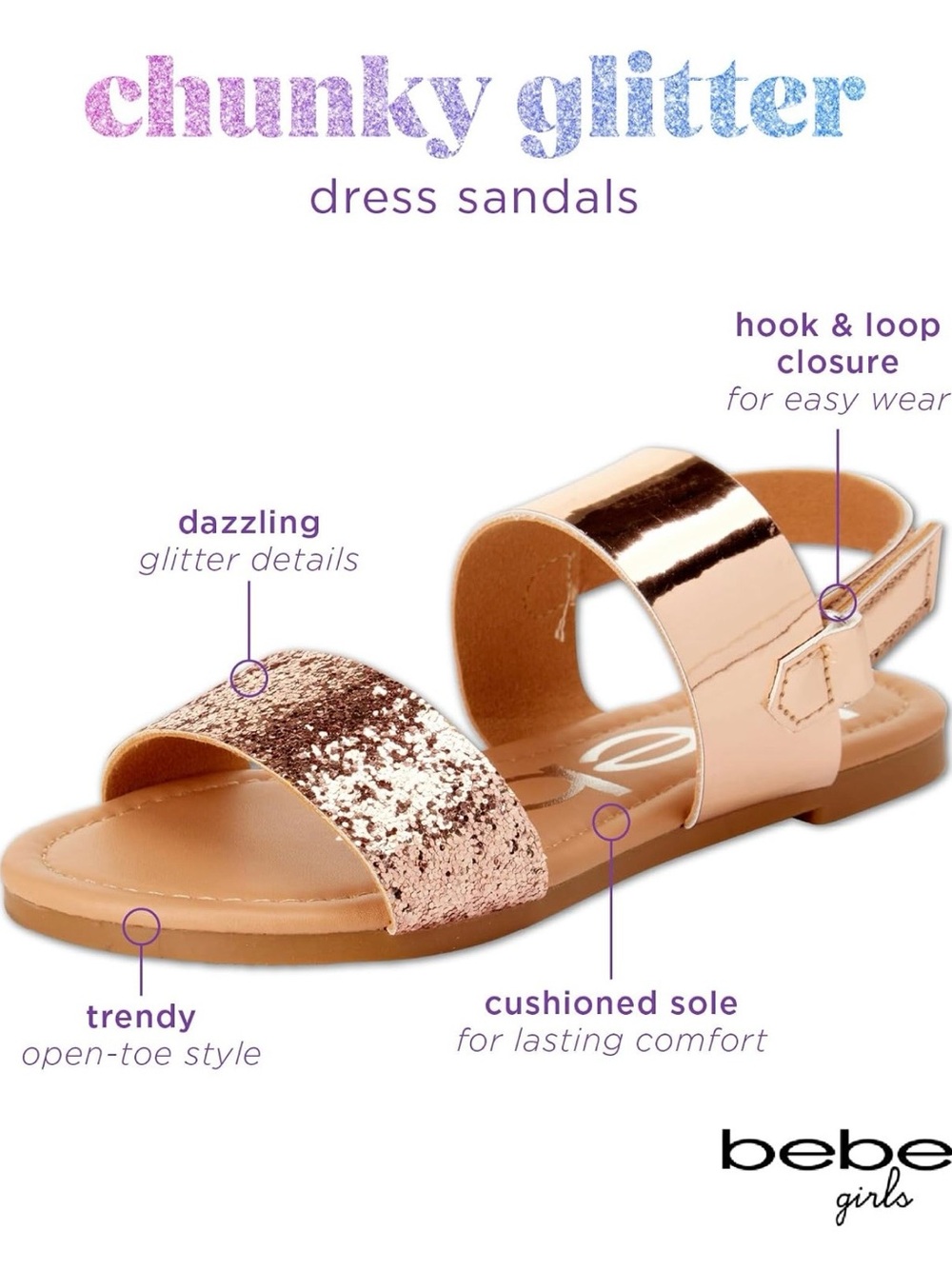New! bebe Girls Chunky Glitter Rose gold Dress Sandals